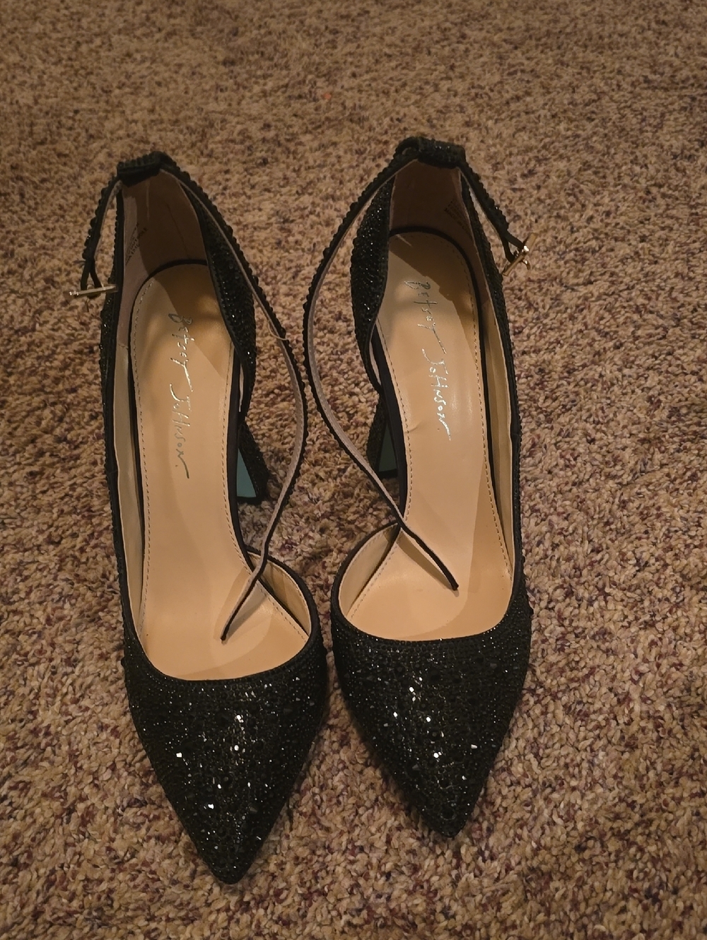 Betsey Johnson Black Glitter Pointed Toe Ankle Strap Heels